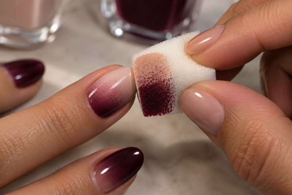Hand pressing a makeup sponge onto a nail to create an ombre gradient