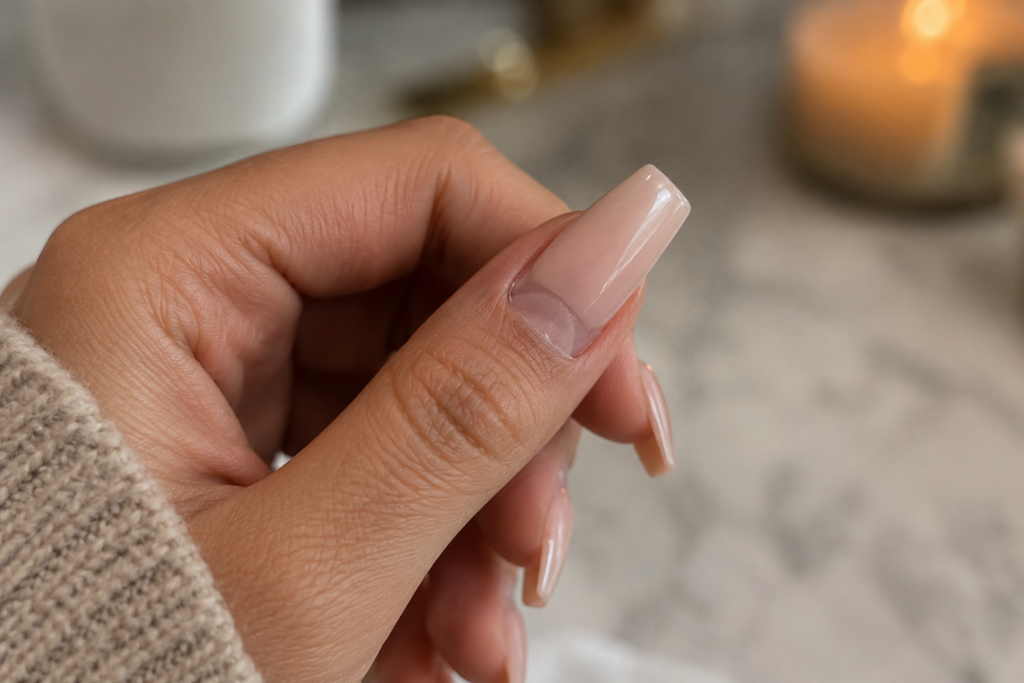 Acrylic nail showing natural regrowth near the cuticle before a fill
