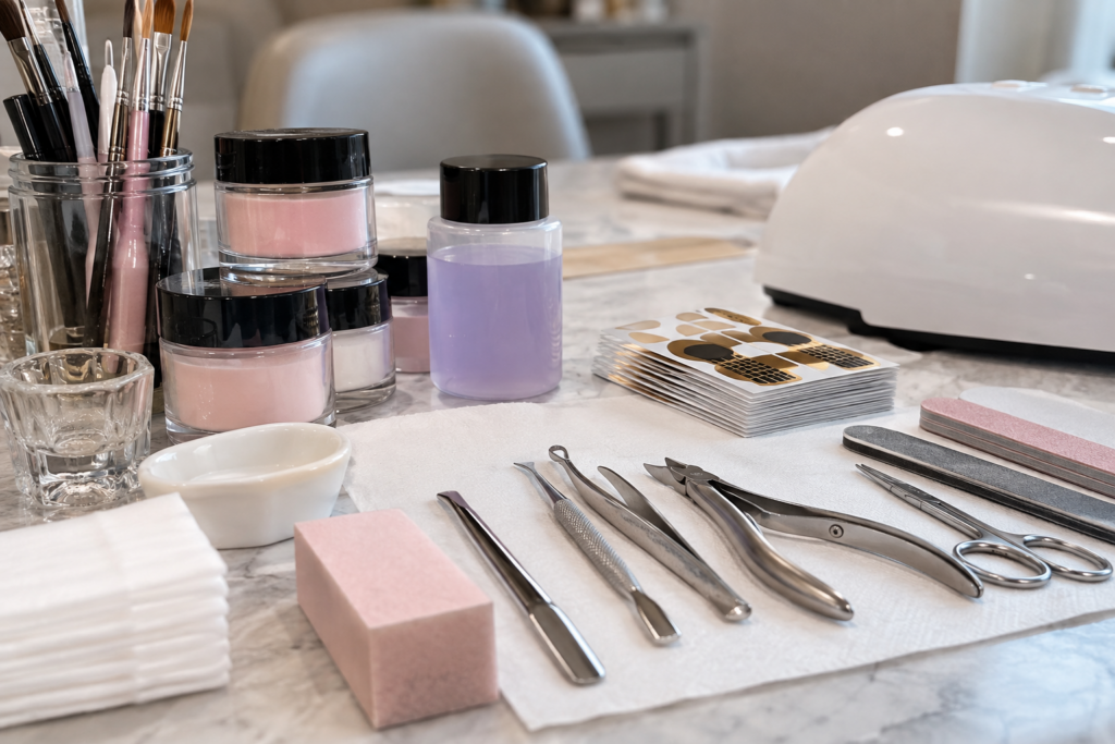 Nail technician's workstation with sanitized tools and acrylic products