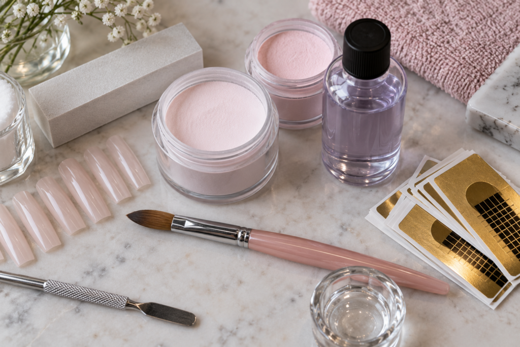 Acrylic nail supplies including monomer, powder, and nail forms