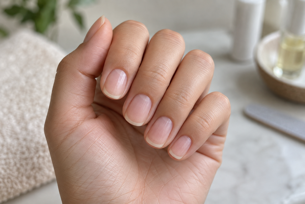 Hand with clean, bare, healthy natural nails after acrylic removal
