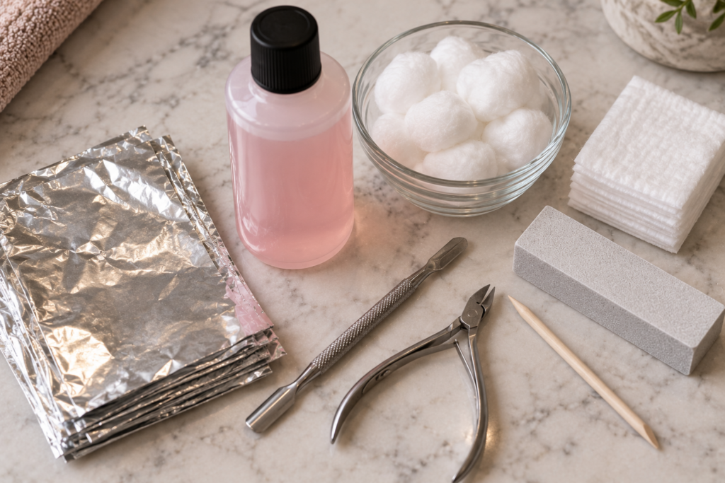 Acrylic removal supplies including acetone, foil, and cotton balls