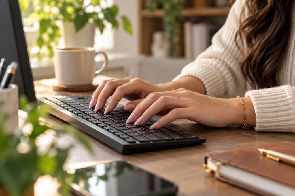 Person with long nails typing confidently with relaxed hand posture