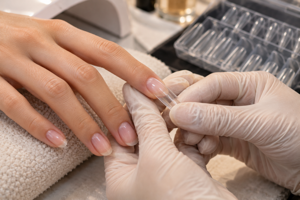 Technician bonding a soft gel tip onto a natural nail