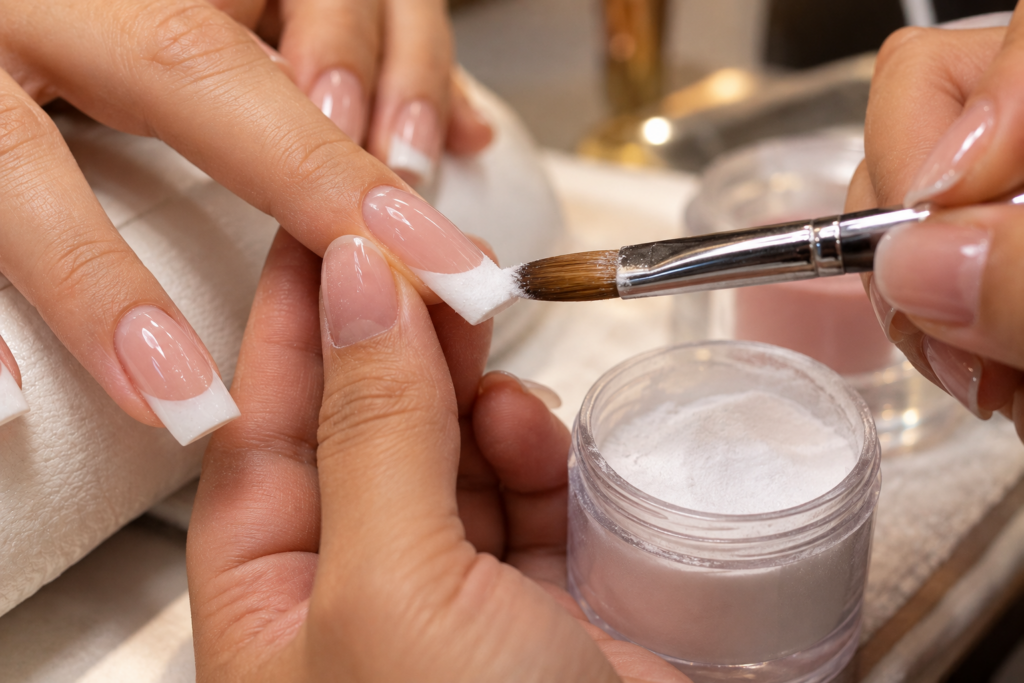 Technician applying white acrylic powder to a nail tip