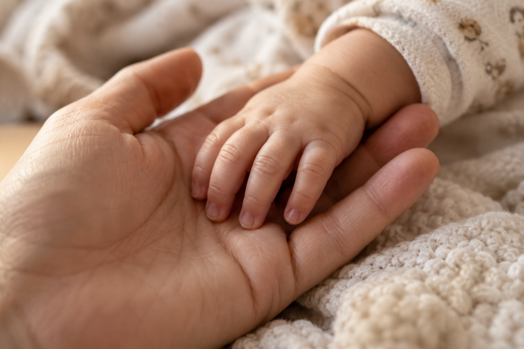 Close-up of a baby's tiny hand with well-groomed short nails