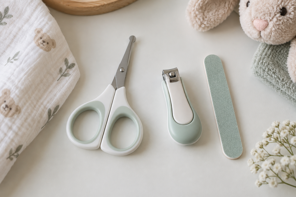 Baby nail care tools including rounded clippers and a soft emery board