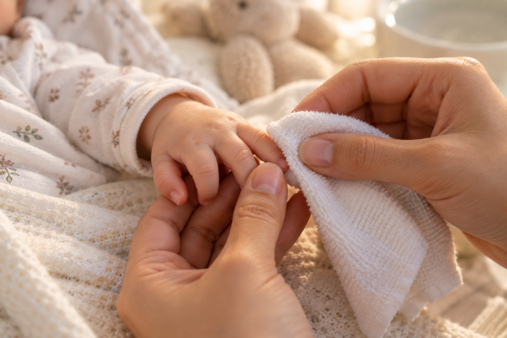 Parent gently applying a soft cloth to a baby's finger