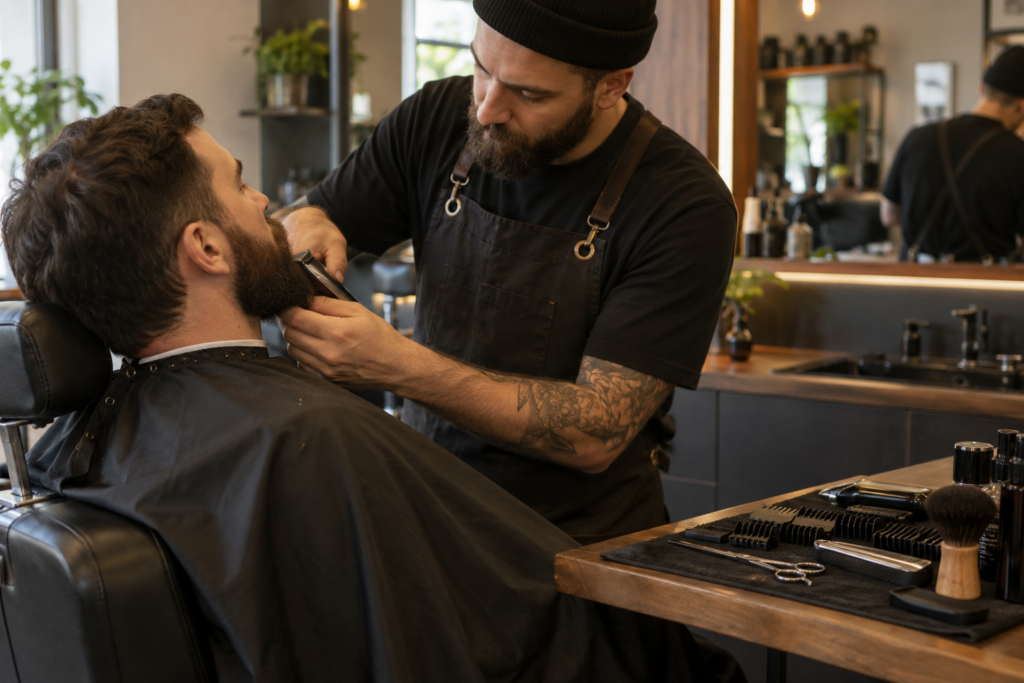 Stylist performing a beard trim with grooming tools laid out nearby