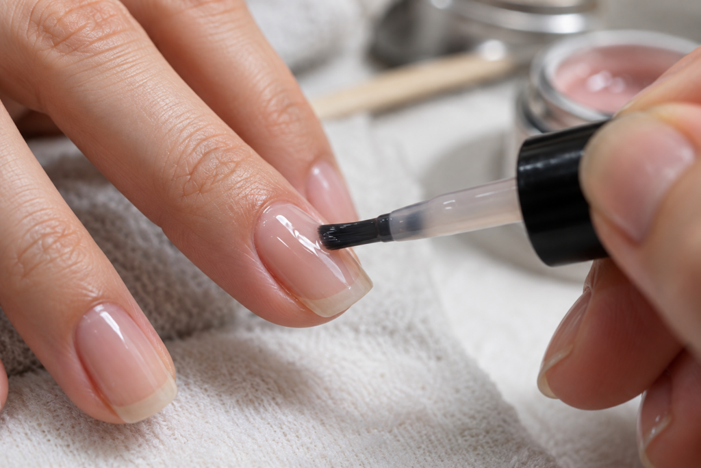 Hand applying a single layer of all-in-one builder gel to a nail