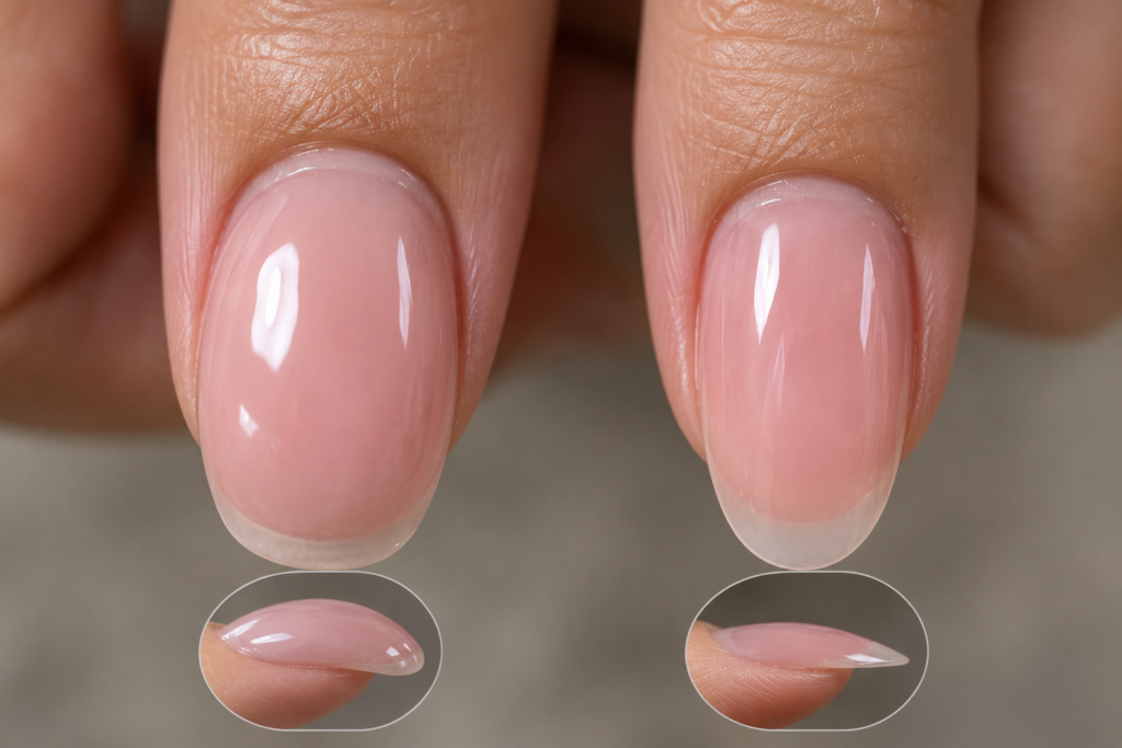 Comparison of a bulky BIAB application versus a properly proportioned one