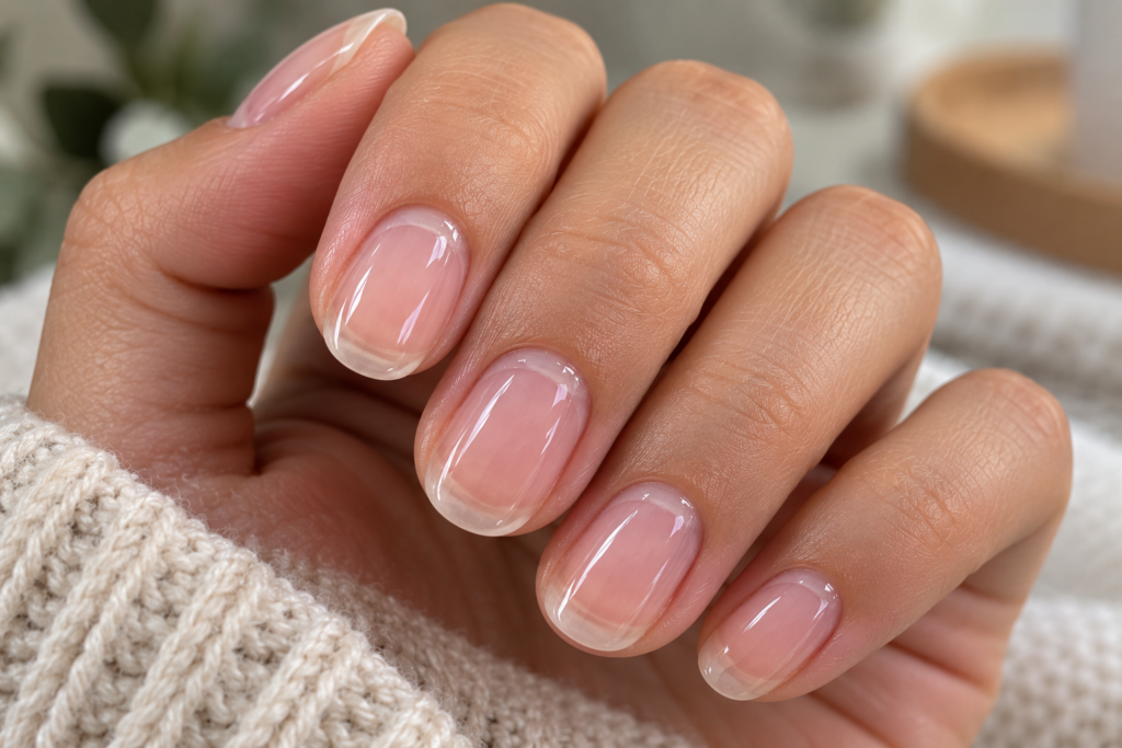 Hand with natural nails strengthened by a clear BIAB overlay