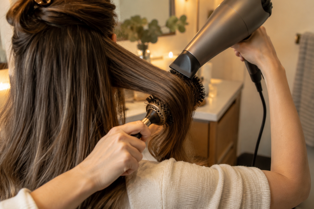 Person blow-drying a section of hair with a round brush for smoothness