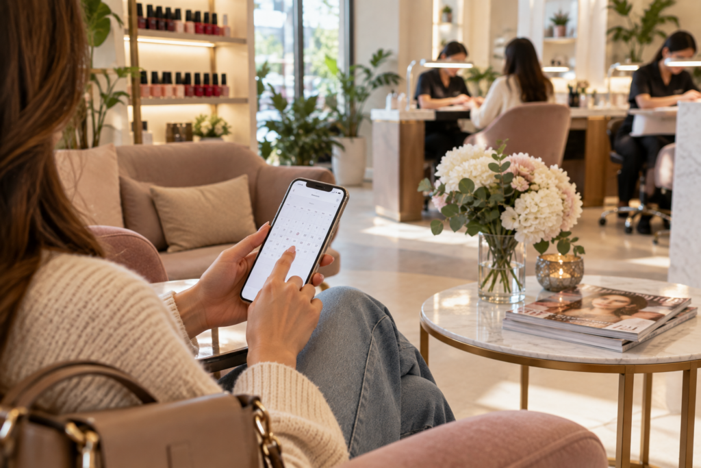 Person checking their phone calendar in a nail salon waiting area
