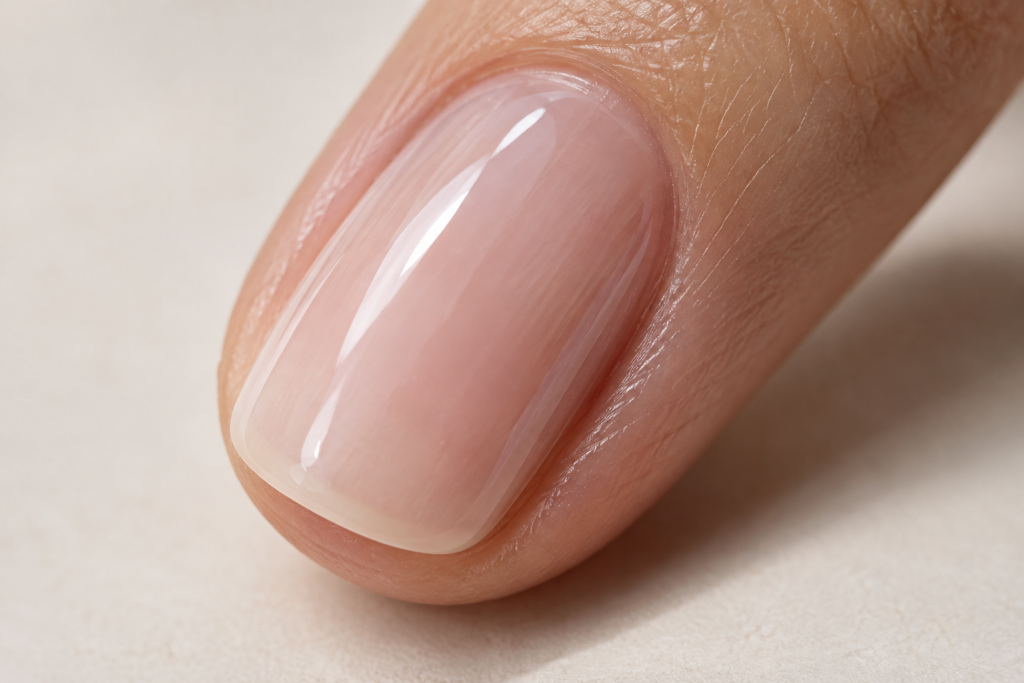 Close-up of a single nail with sheer, glossy milky pink polish