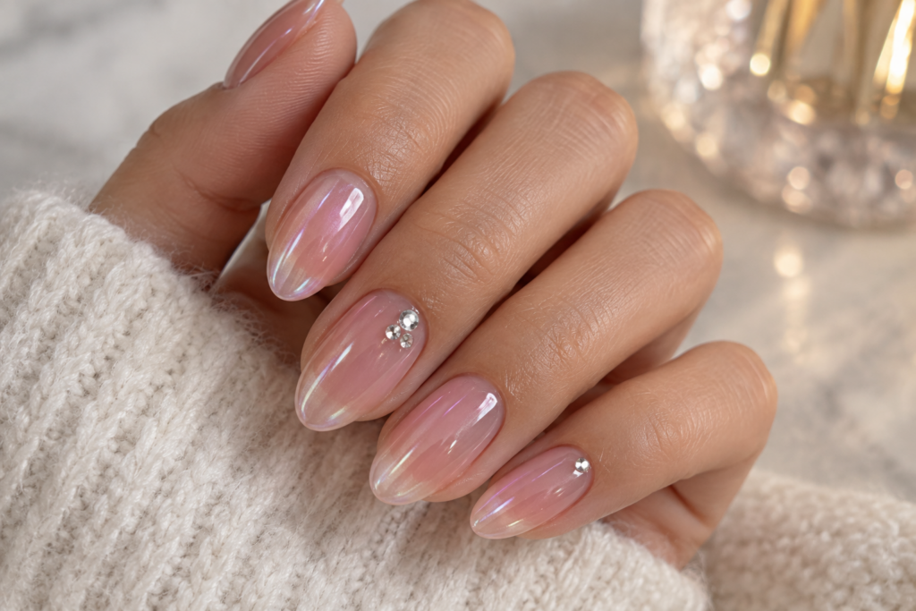 Sheer pink manicure with chrome shimmer and small rhinestone accents