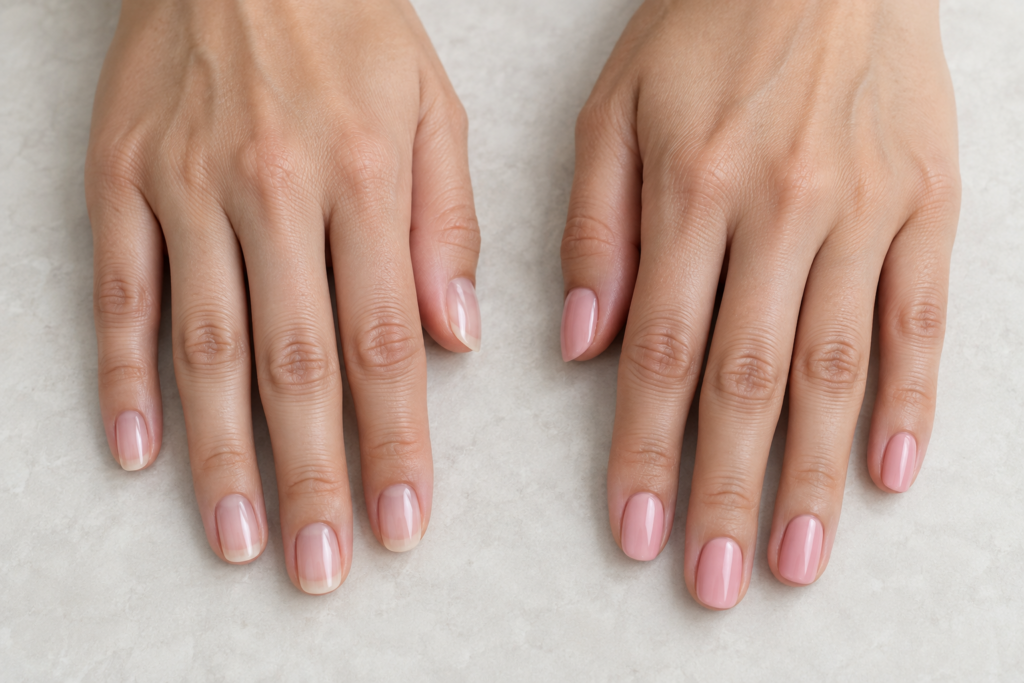 Comparison of one coat versus two coats of sheer pink polish