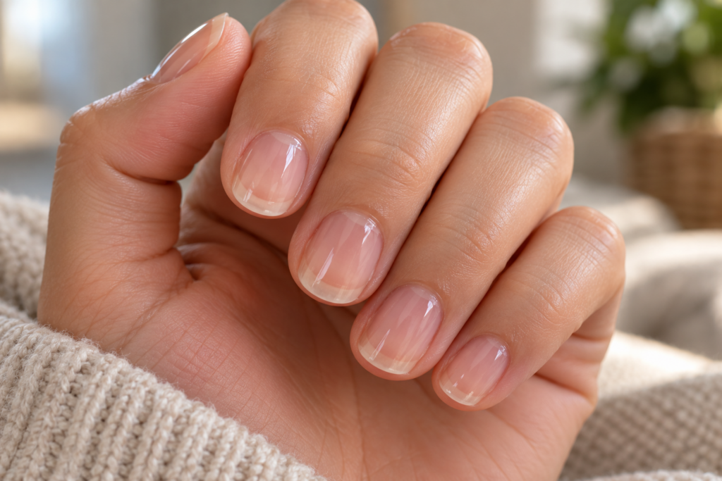 Hand with natural nails strengthened by a clear builder gel overlay