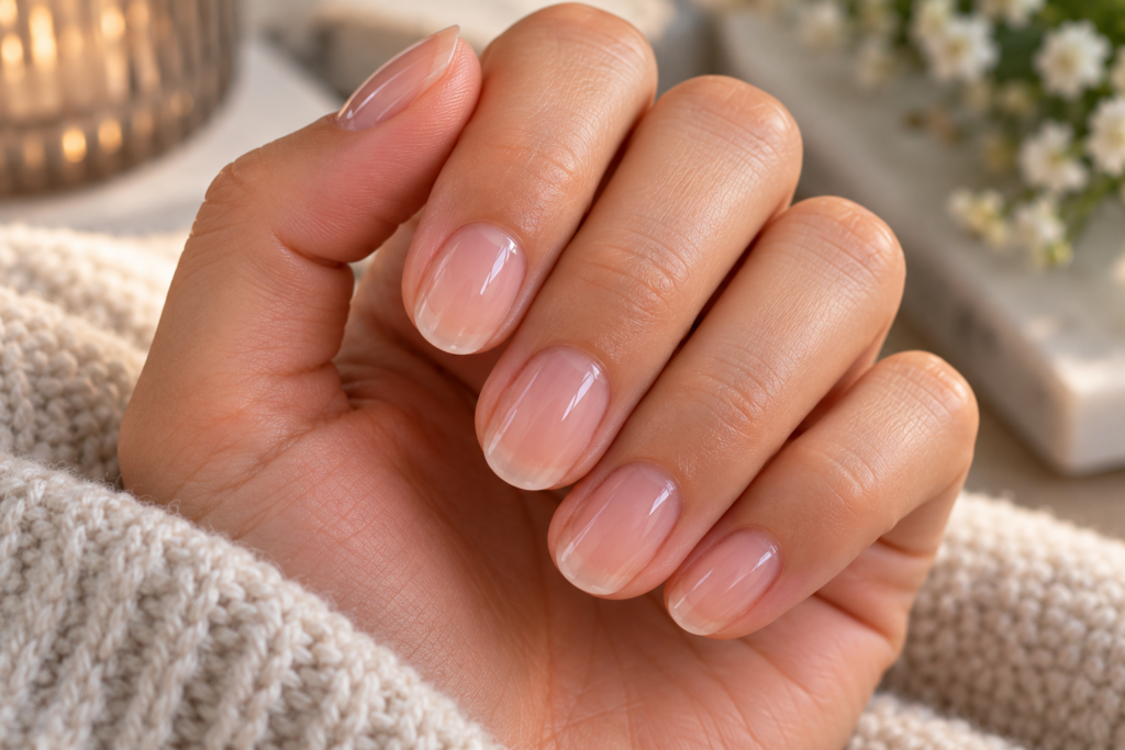 Hand with a well-maintained builder gel manicure showing no damage