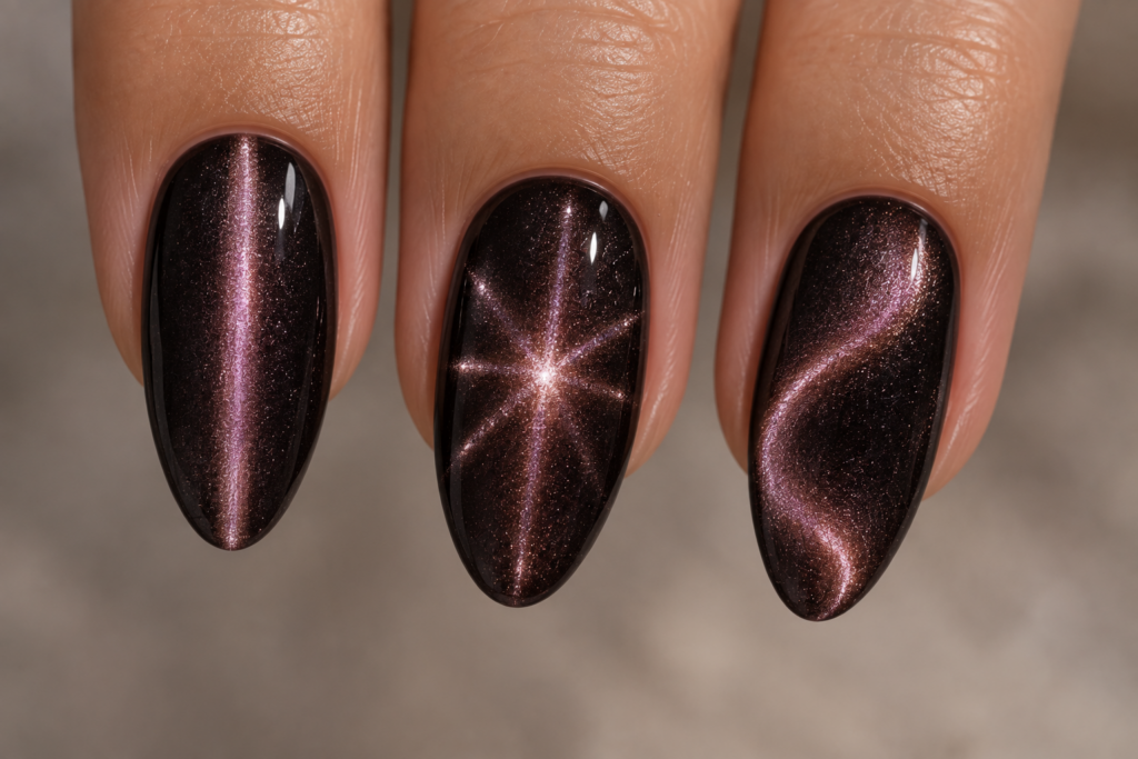 Comparison of straight line, starburst, and wave cat eye nail patterns
