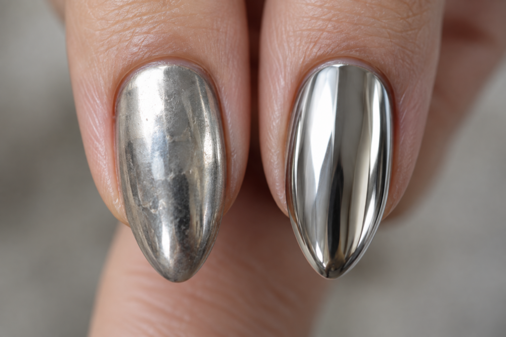 Comparison of a dull, patchy chrome finish versus a smooth mirror shine