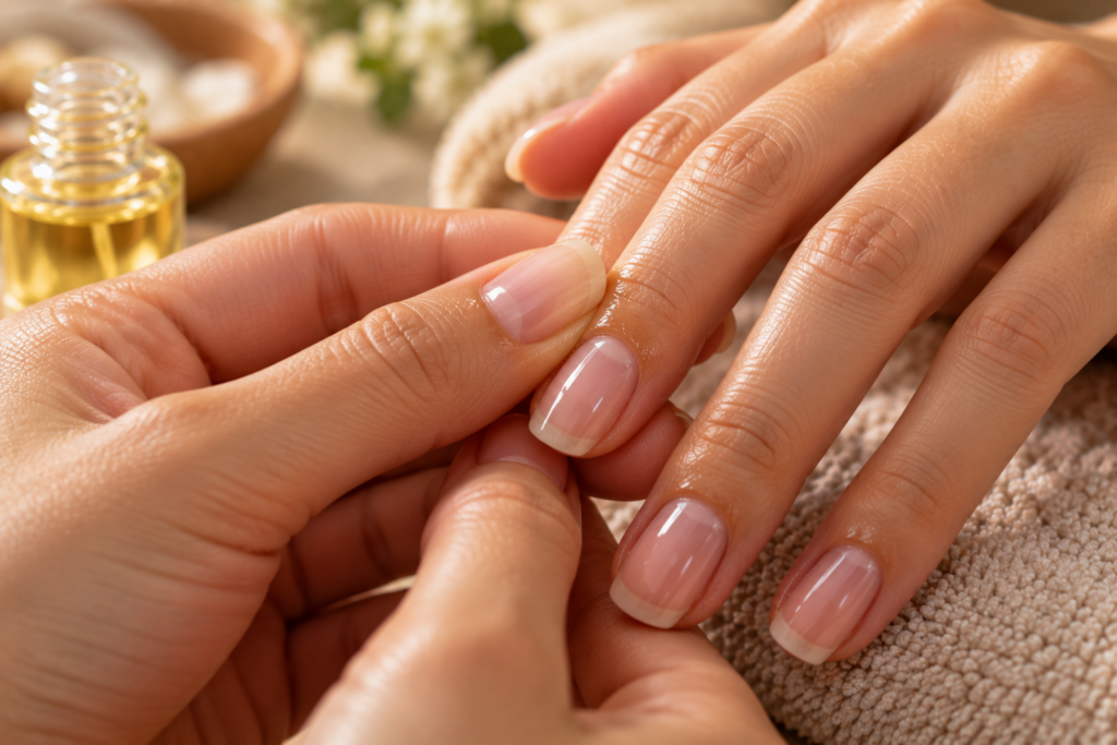 Hand gently massaging cuticle oil into the nail bed