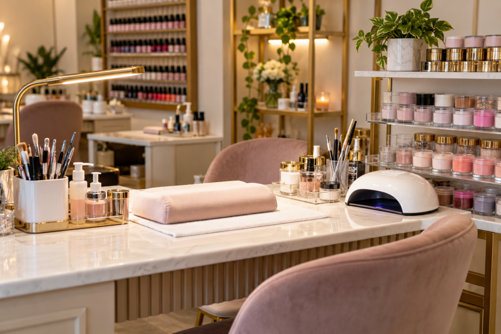Nail salon service area with a technician's station and powder containers