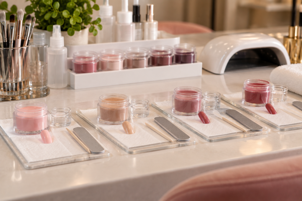 Individual dip powder containers arranged separately at a nail station