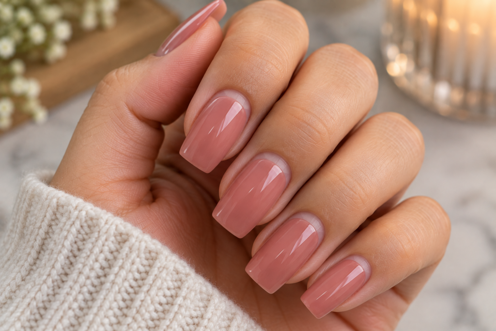 Dip powder manicure showing natural regrowth near the cuticle