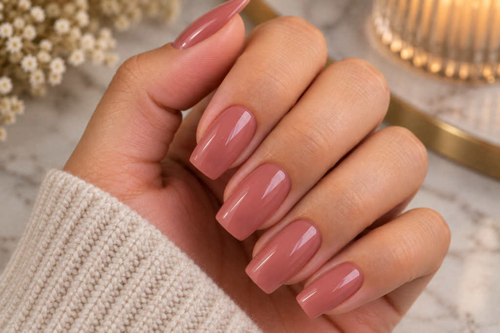 Hand with a well-maintained dip powder nail set
