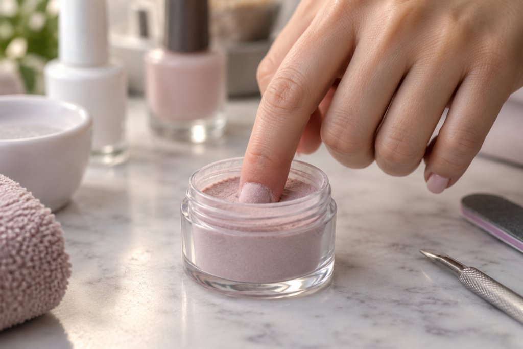 Hand dipping a nail into a container of colored dip powder