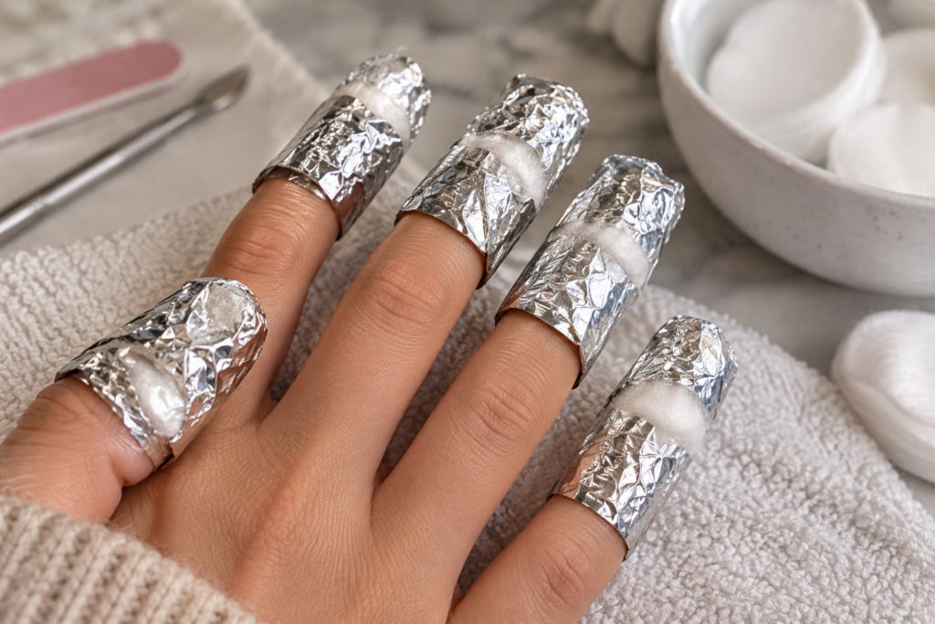 Fingers wrapped in foil soaking in acetone to remove dip powder