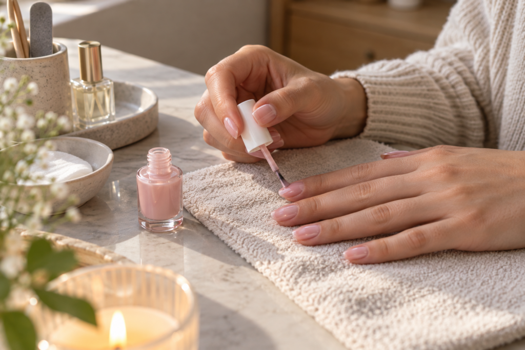 Person applying sheer pink polish for a bubble bath manicure at home