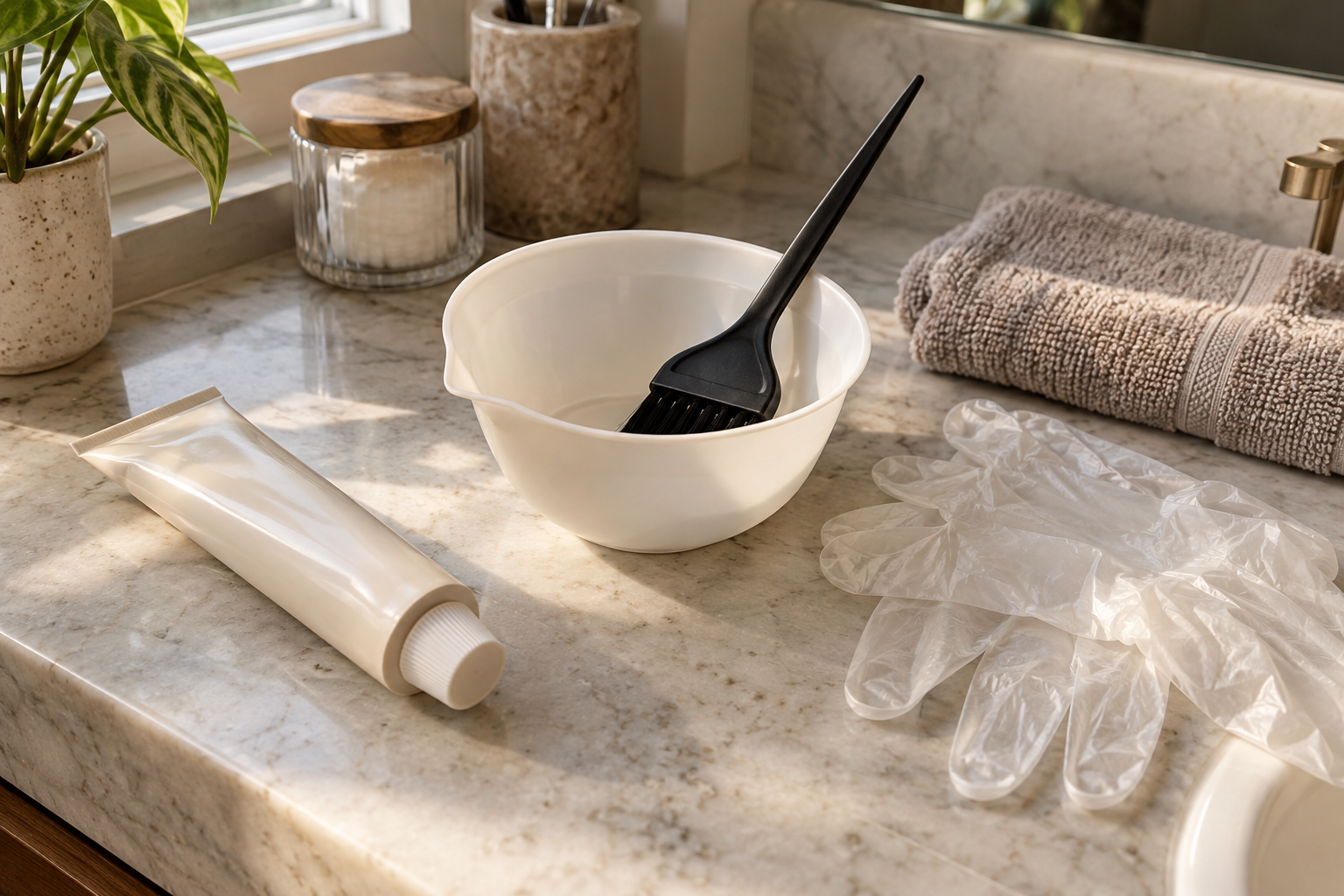 Hair color mixing supplies including a tube, mixing bowl, brush, and gloves laid out on a counter