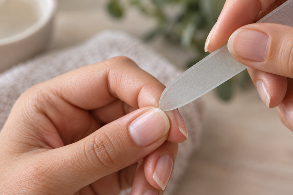 Hand carefully filing the side edge of a nail