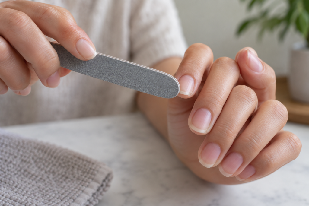 Hand filing a nail edge in a single consistent direction