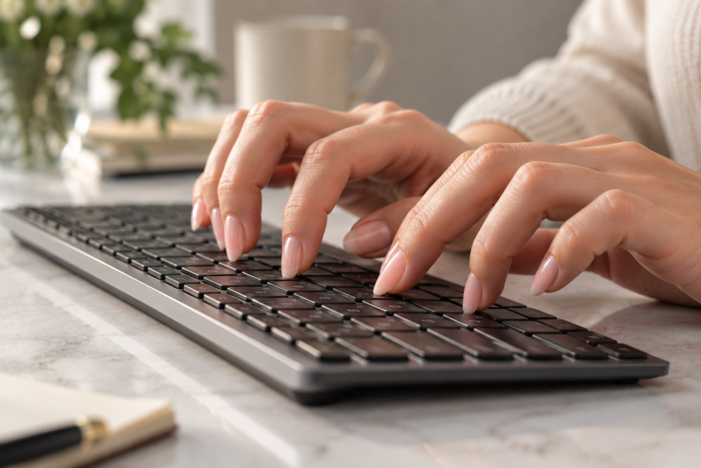 Hand with long nails curling fingers to type with the fingertip pad