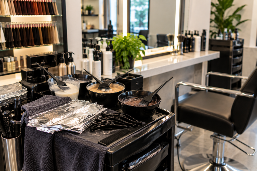 Full-service salon color station with foils and mixing supplies