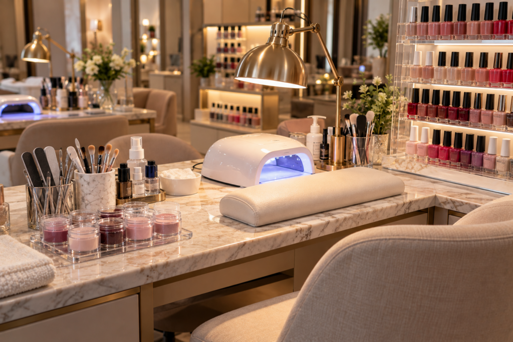 Nail salon service area with a technician's station and polish display
