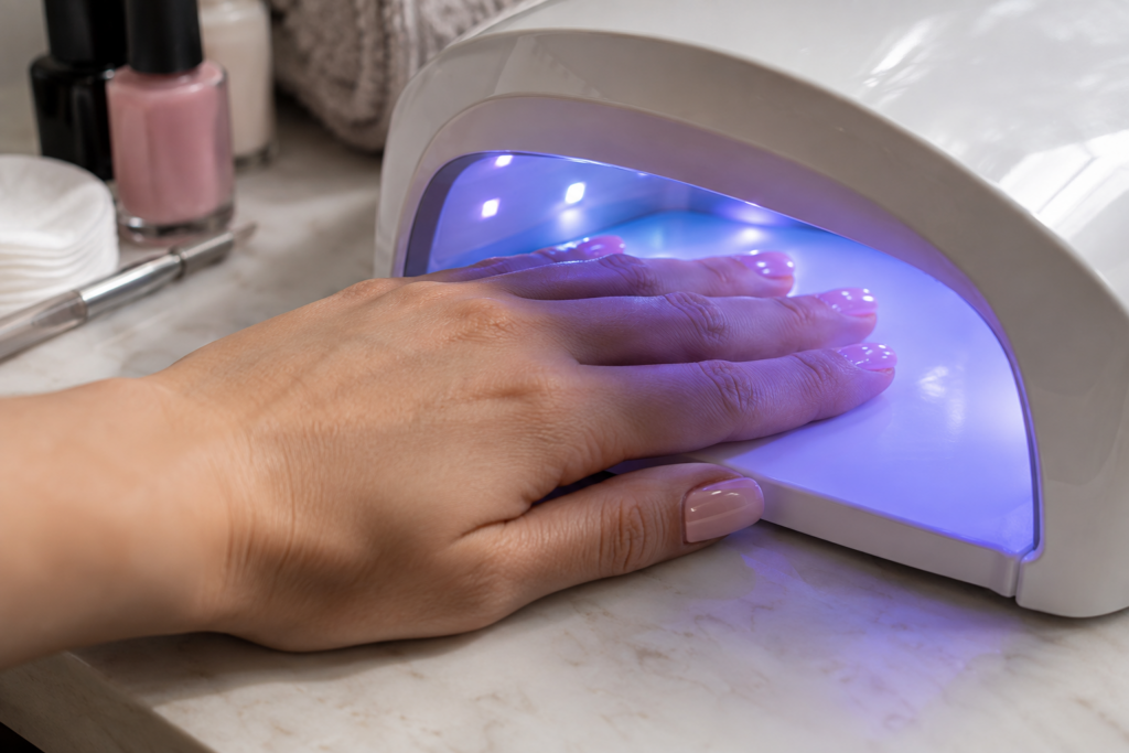 Hand with fingers positioned under a curing lamp during gel application