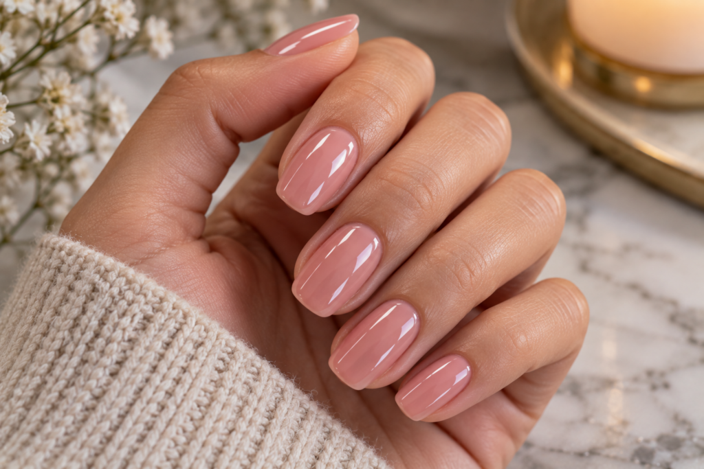 Finished glossy gel manicure with even, well-applied color