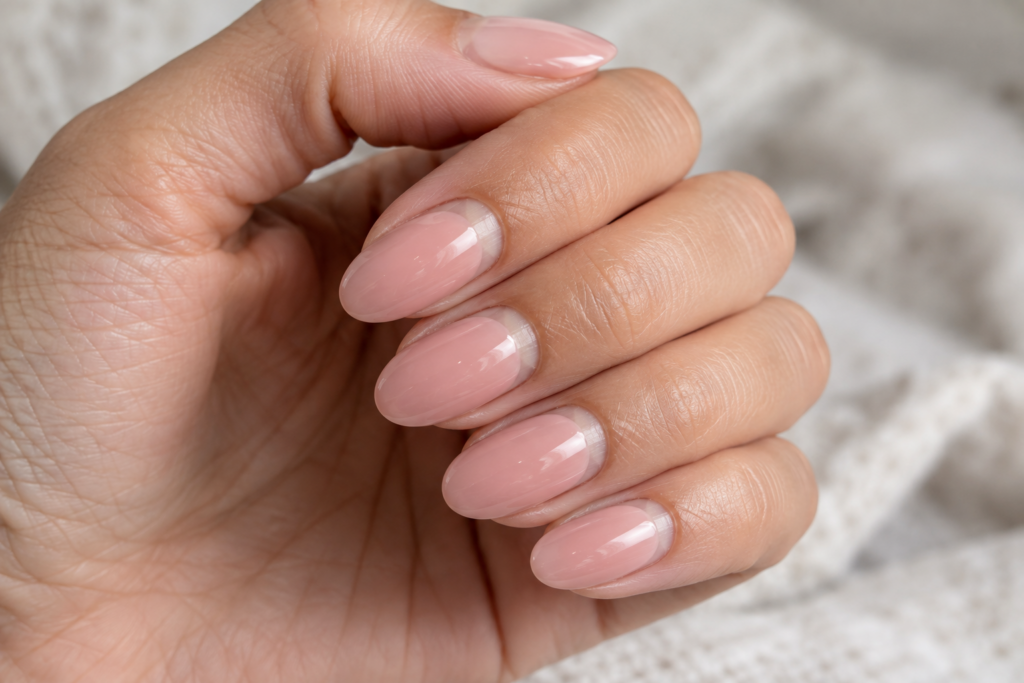Gel manicure showing natural regrowth near the cuticle before removal