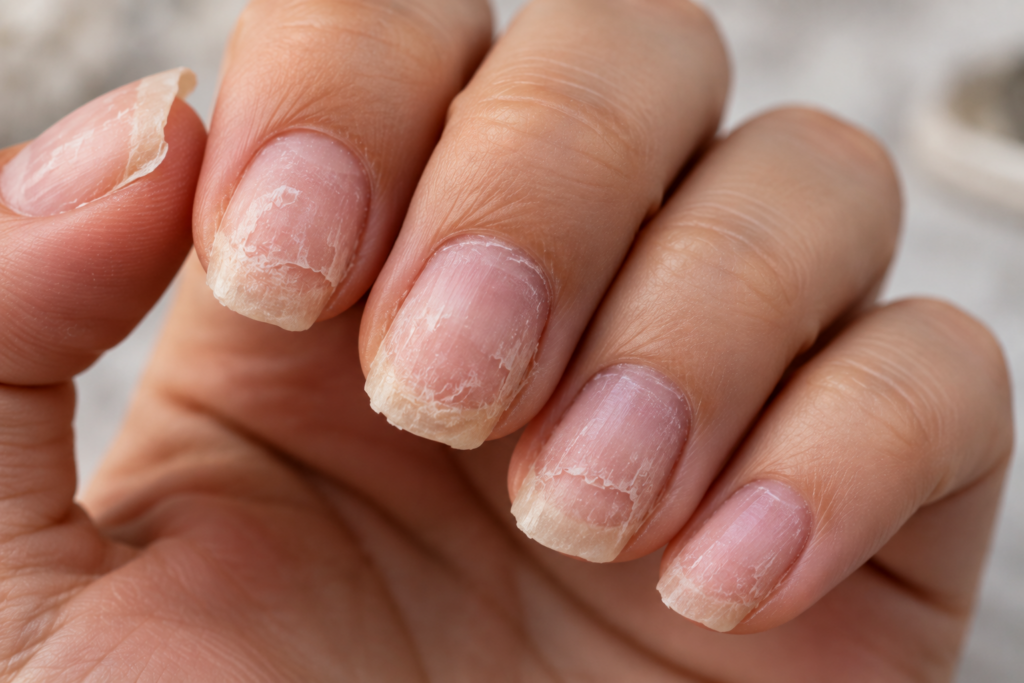 Damaged, thin nail surface showing peeling from forced gel removal
