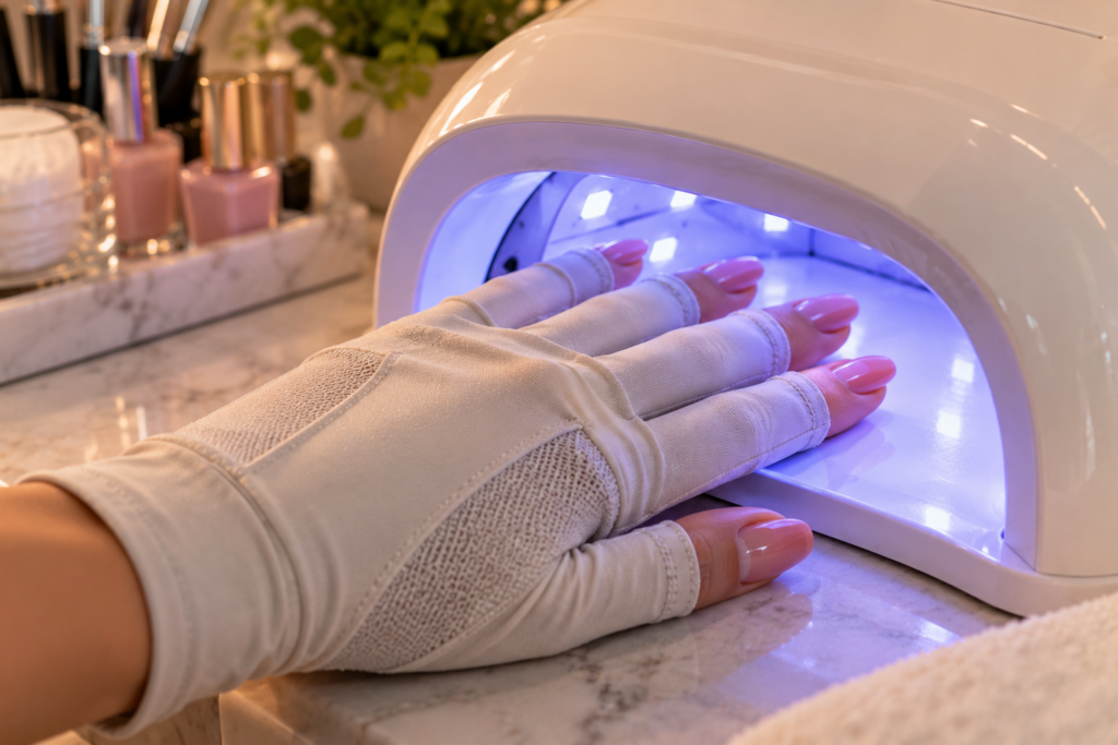 Hand wearing UV-protective fingerless gloves under a curing lamp