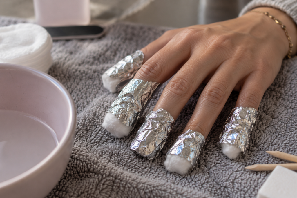 Fingers wrapped in foil soaking in acetone to remove gel polish