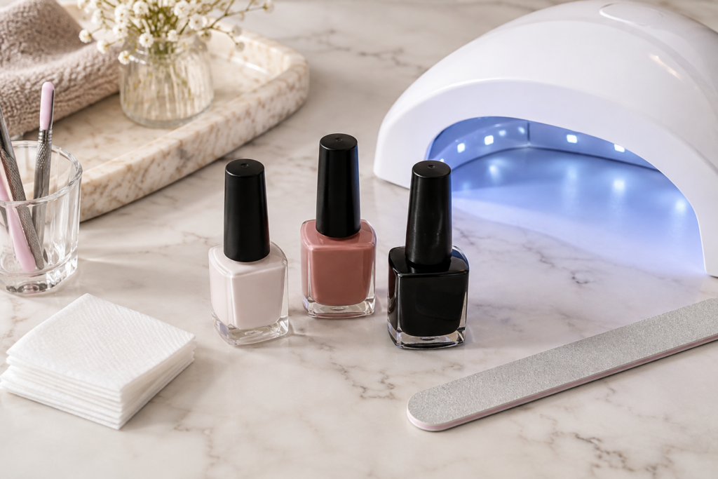 Gel nail supplies including base coat, color gel, and a UV lamp