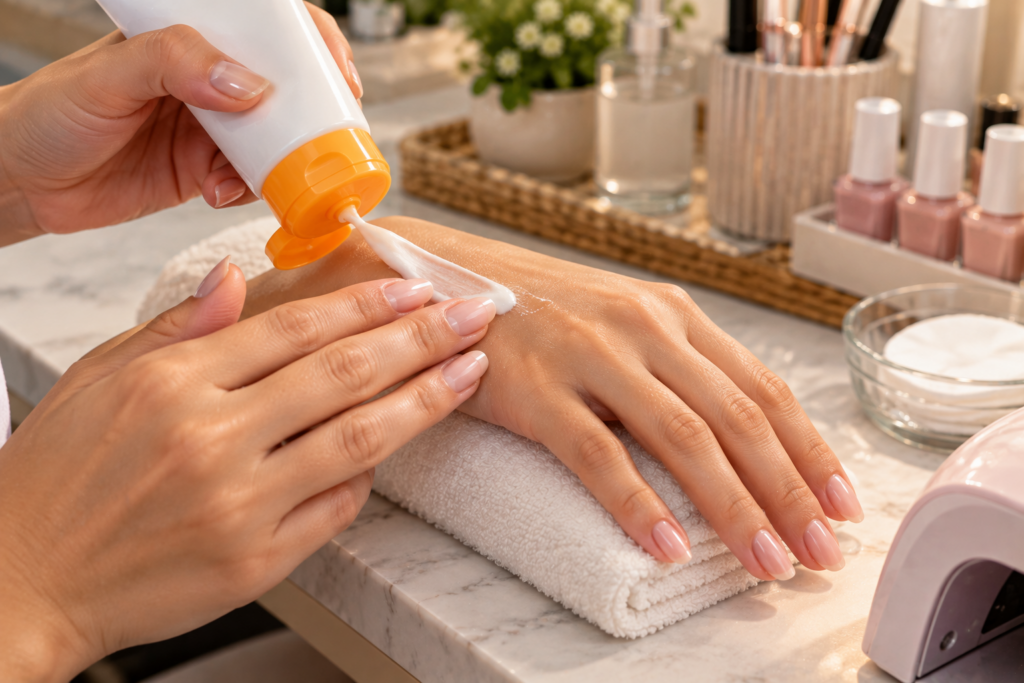 Hand with sunscreen being applied before a gel manicure
