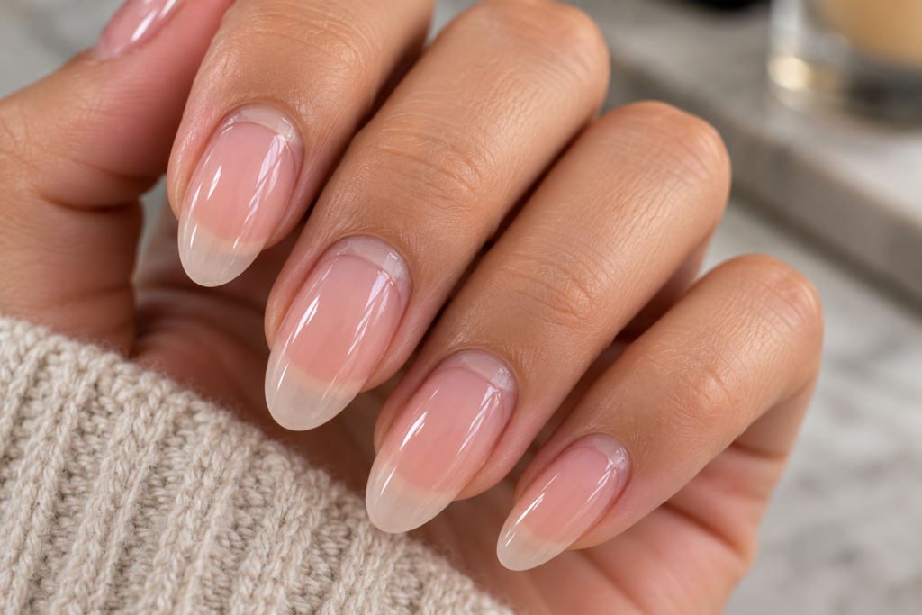 Gel-X manicure showing natural regrowth near the cuticle before a fill