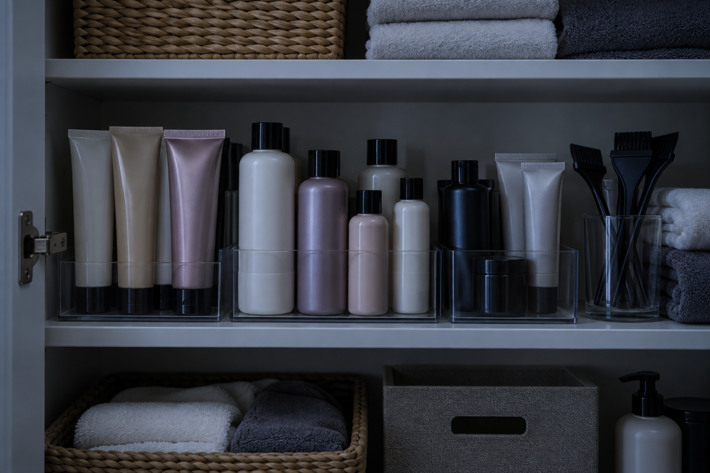 Hair color bottles stored upright on a cool, dark closet shelf