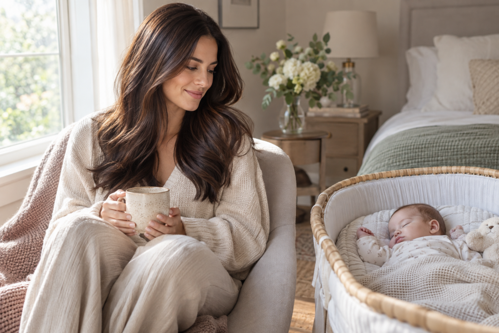 Breastfeeding mother at home after having her hair professionally colored